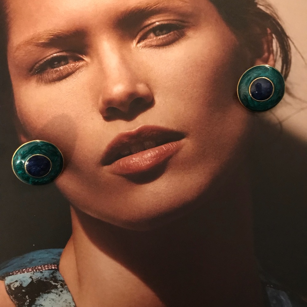 Vintage Gold Enamel Button Earring Pierced